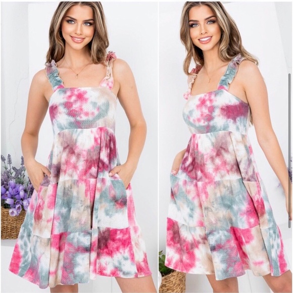 Tie dye women’s light waffle knit gorgeous ruffle strap summer dress - Picture 2 of 3